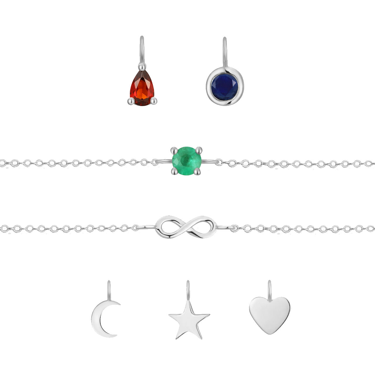 Permanent Jewelry, garnet pear charm, sapphire charm, emerald connector, infinity connector, crescent moon charm, star charm, heart charm, sterling silver