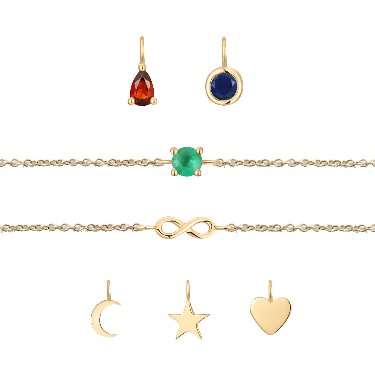 Permanent Jewelry, Charms, Vermeil, garnet pear charm, sapphire charm, emerald connector, infinity connector, crescent moon charm, star charm, heart charm