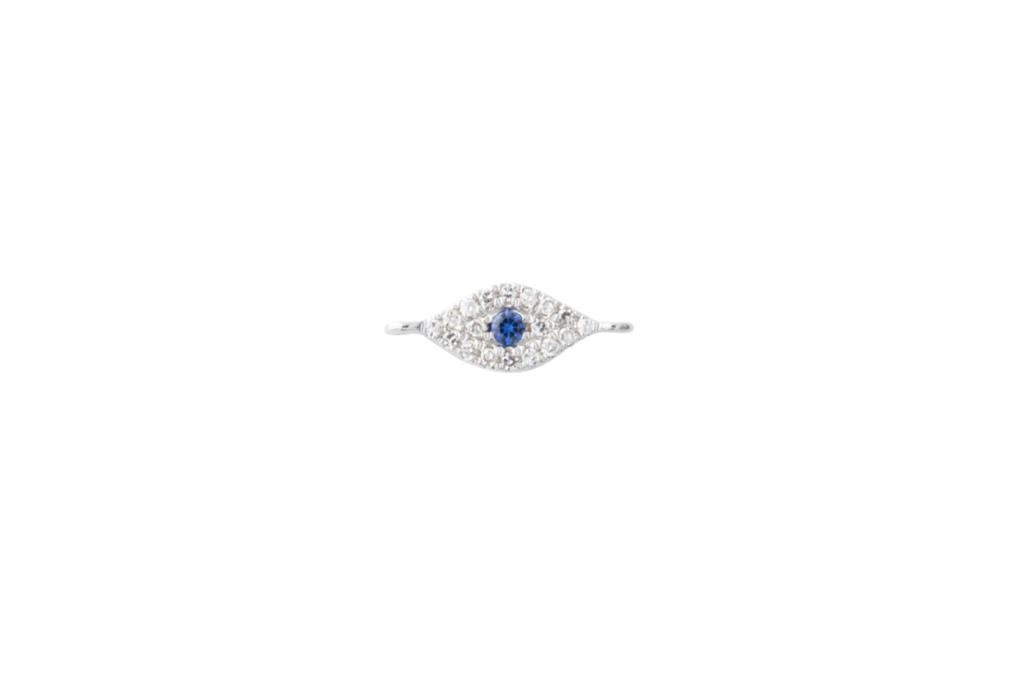 A 14k solid white gold evil eye connector charm with a central sapphire surrounded by smaller diamonds.