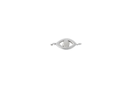 A 14k solid white gold charm in the shape of an eye, with a small loop at the top for attachment.